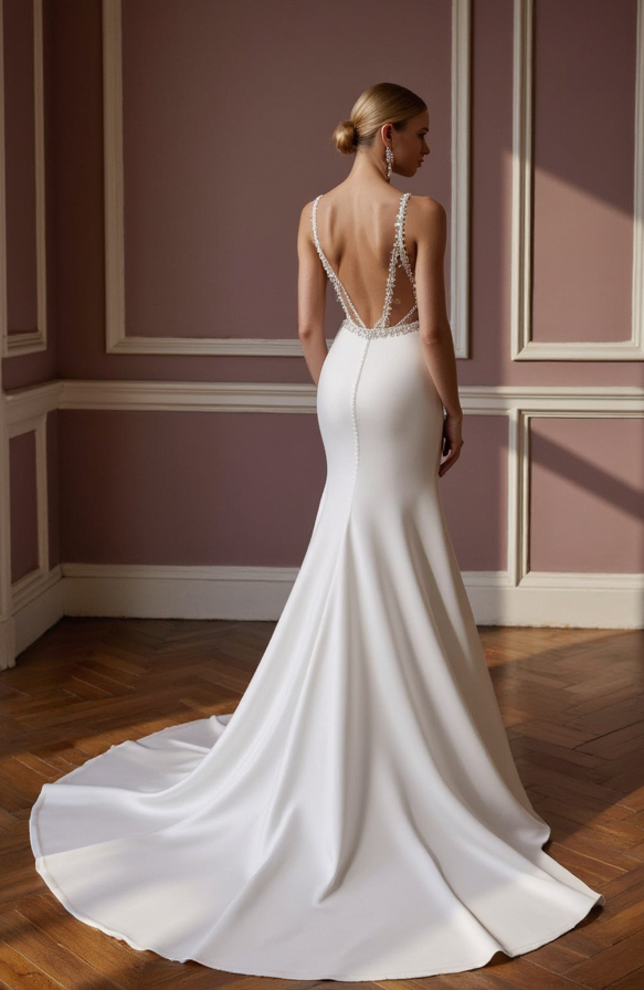 A-Line White Wedding Dress with Ruched Bodice for a Flattering Fit backless embroidery New Satin white