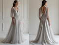 Dreamy Grey Evening Dress & Prom Dress with Starry Embellishments and Flowing Cape grey mesh New Satin