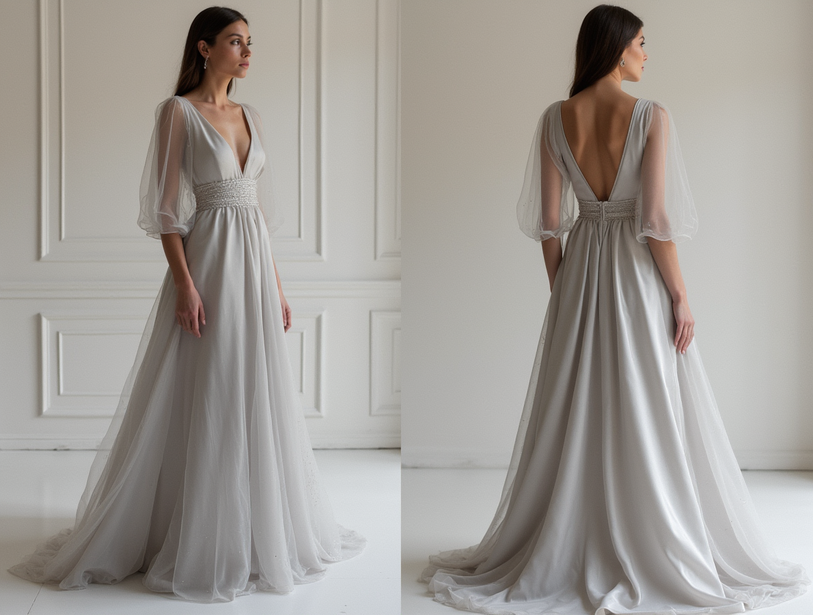 Dreamy Grey Evening Dress & Prom Dress with Starry Embellishments and Flowing Cape grey mesh New Satin