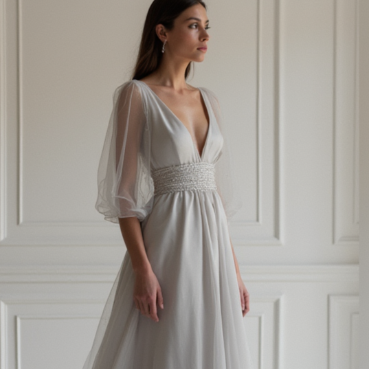 Dreamy Grey Evening Dress & Prom Dress with Starry Embellishments and Flowing Cape grey mesh New Satin