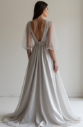 Dreamy Grey Evening Dress & Prom Dress with Starry Embellishments and Flowing Cape grey mesh New Satin