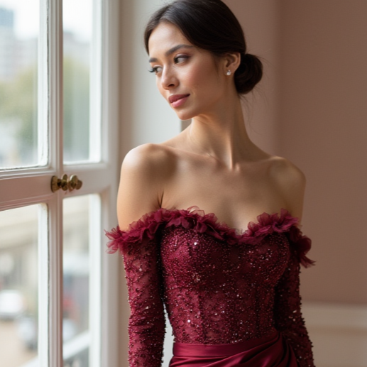 Romantic Red Evening Dress & Prom Dress with Vintage Ruffle Accents New red Satin