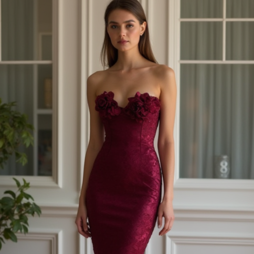 Trendy Red Evening Dress & Prom Dress with Bodycon Fit and Sparkling Fabric New red Satin