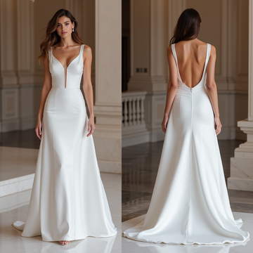 Bold White A-Line Wedding Dress with Illusion Lace and Elegant Beadwork New Satin white