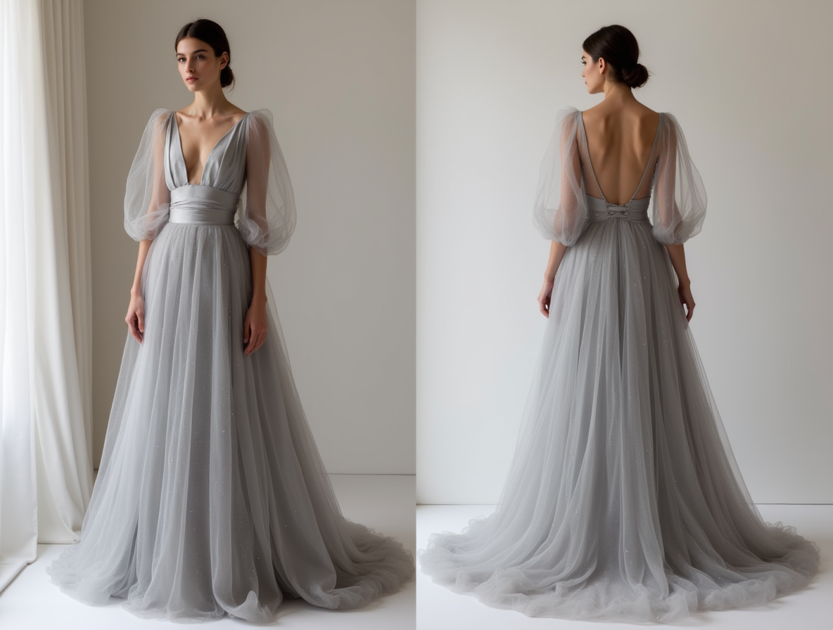 Elegant grey Evening Dress & Prom Dress with Lace-Inspired Cutouts grey mesh New Satin