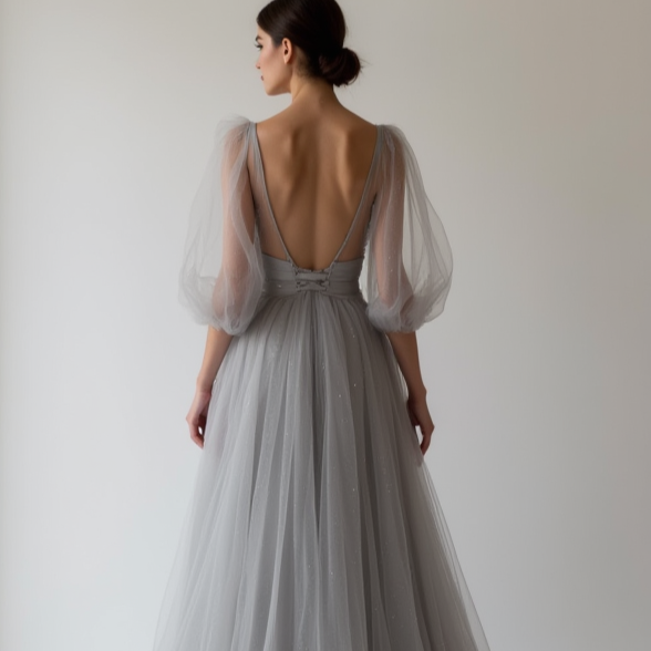 Elegant grey Evening Dress & Prom Dress with Lace-Inspired Cutouts grey mesh New Satin