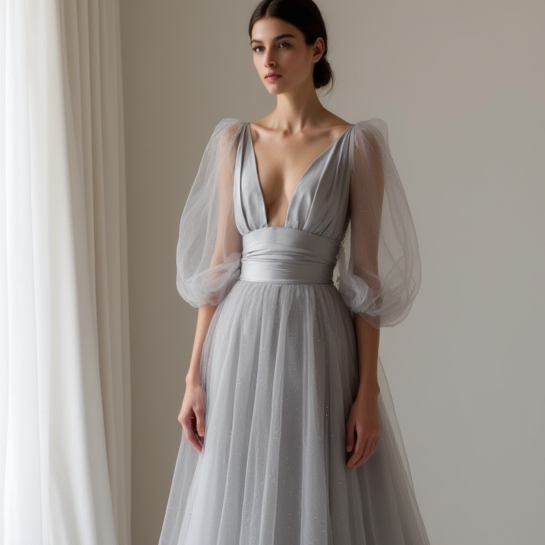 Elegant grey Evening Dress & Prom Dress with Lace-Inspired Cutouts grey mesh New Satin