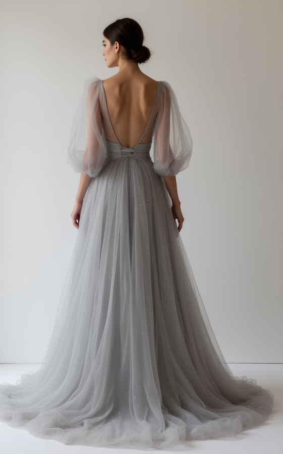 Elegant grey Evening Dress & Prom Dress with Lace-Inspired Cutouts grey mesh New Satin