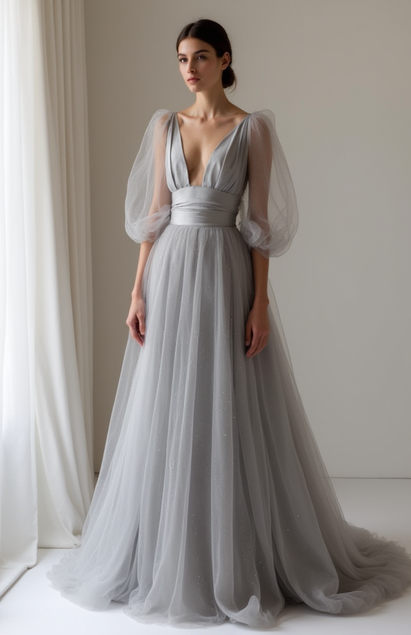 Elegant grey Evening Dress & Prom Dress with Lace-Inspired Cutouts grey mesh New Satin