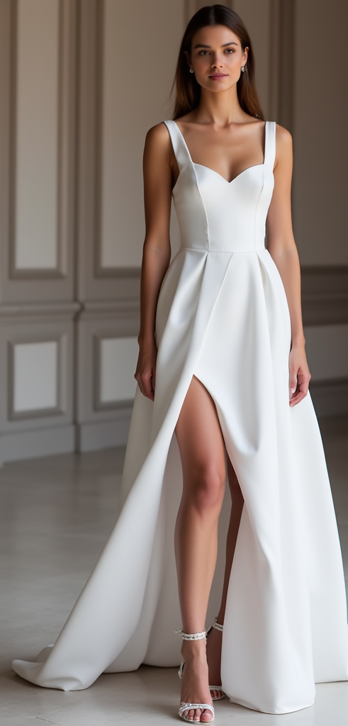 Dazzling White A-Line Bridal Gown with Glitter Tulle and Flowing Layers New Satin split white