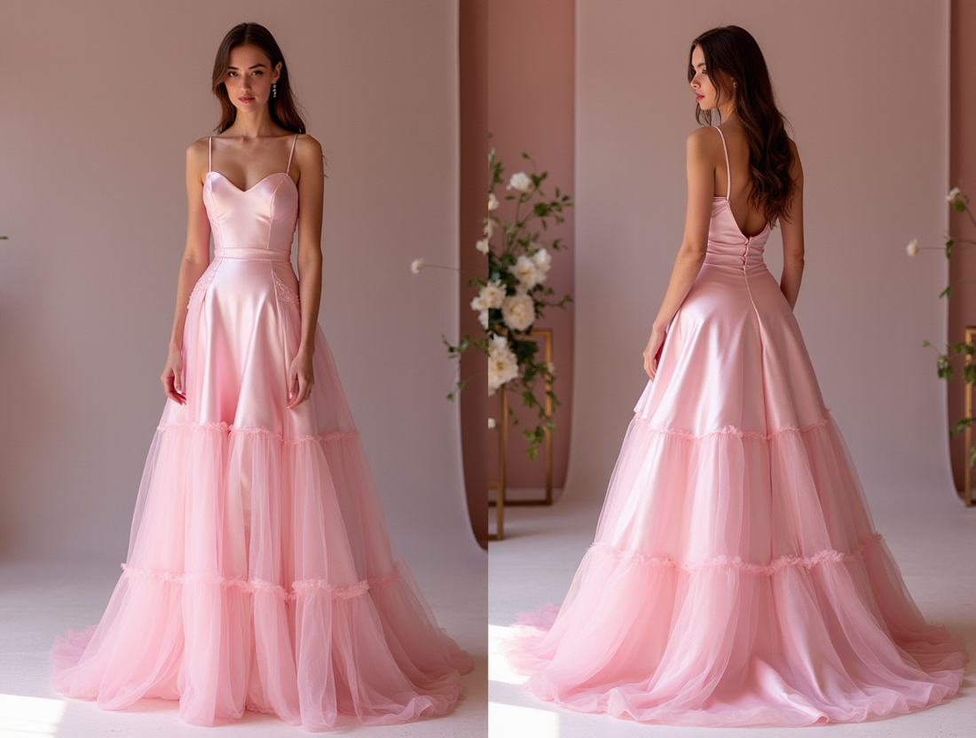 Sophisticated Pink Evening Dress & Prom Dress with Ruched Bodice and Slit mesh New pink Satin