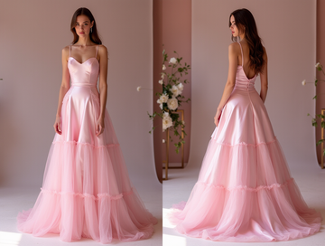 Sophisticated Pink Evening Dress & Prom Dress with Ruched Bodice and Slit mesh New pink Satin