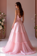 Sophisticated Pink Evening Dress & Prom Dress with Ruched Bodice and Slit mesh New pink Satin