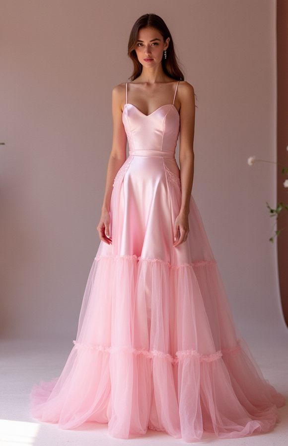 Sophisticated Pink Evening Dress & Prom Dress with Ruched Bodice and Slit mesh New pink Satin