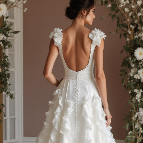 Ultra-Chic White A-Line Wedding Dress with Plunging Neckline and Sculpted Fit embroidery New Satin white