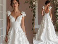 Ultra-Chic White A-Line Wedding Dress with Plunging Neckline and Sculpted Fit embroidery New Satin white
