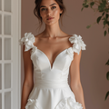 Ultra-Chic White A-Line Wedding Dress with Plunging Neckline and Sculpted Fit embroidery New Satin white