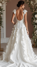 Ultra-Chic White A-Line Wedding Dress with Plunging Neckline and Sculpted Fit embroidery New Satin white