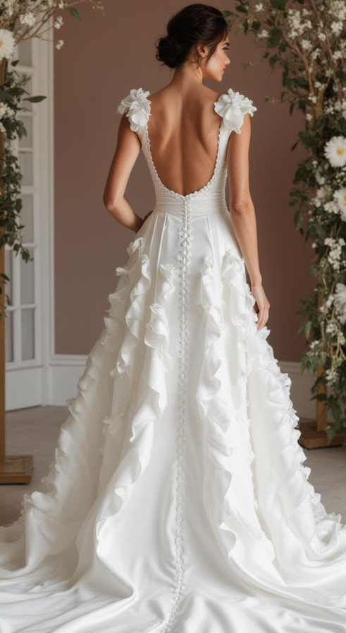 Ultra-Chic White A-Line Wedding Dress with Plunging Neckline and Sculpted Fit embroidery New Satin white