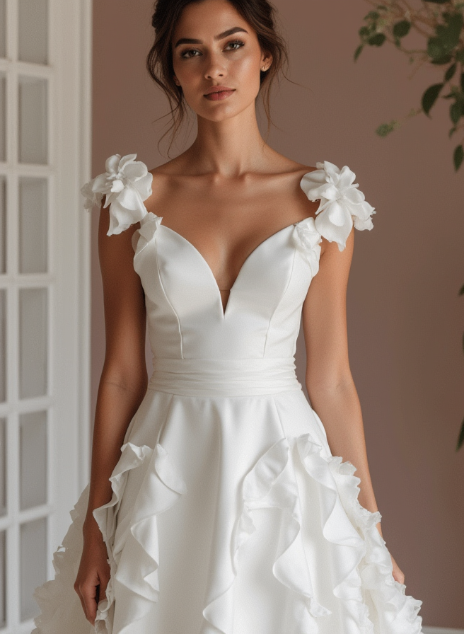 Ultra-Chic White A-Line Wedding Dress with Plunging Neckline and Sculpted Fit embroidery New Satin white