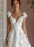 Ultra-Chic White A-Line Wedding Dress with Plunging Neckline and Sculpted Fit embroidery New Satin white