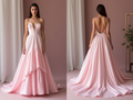 Romantic Pink Evening Dress & Prom Dress with Long Bell Sleeves New pink Satin