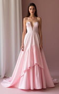 Romantic Pink Evening Dress & Prom Dress with Long Bell Sleeves New pink Satin