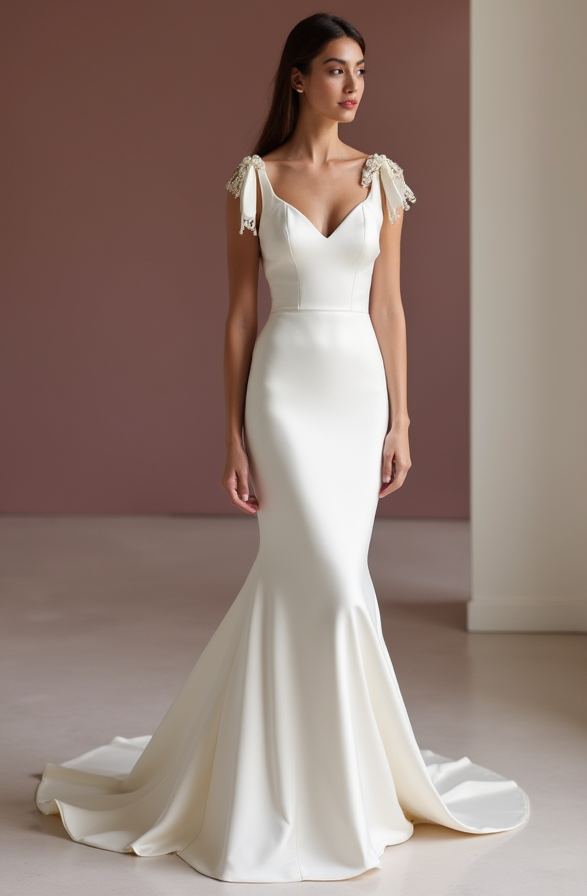 Mermaid White Wedding Dress with Off-the-Shoulder Sleeves for a Graceful Look backless New Satin white
