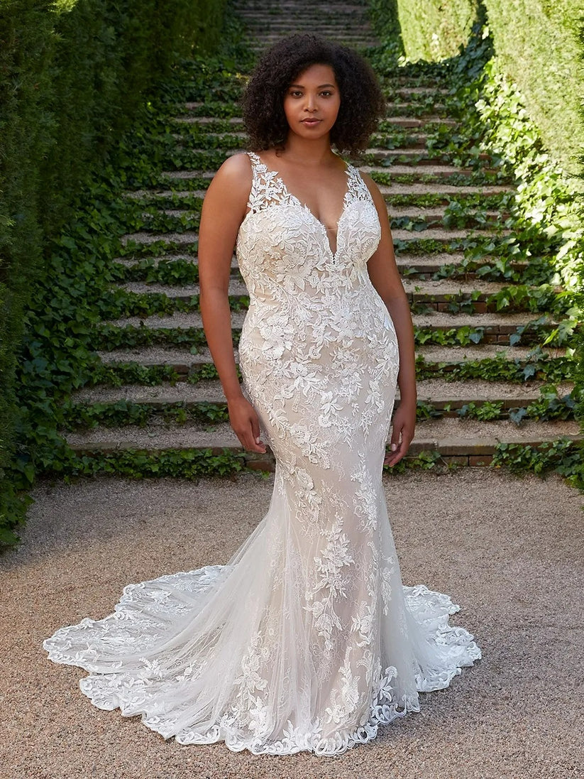 Vestido de novia de encaje de sirena de talla grande con tren de corte, vestidos de novia sin espalda con forro de champán, vestido de novia de talla grande 