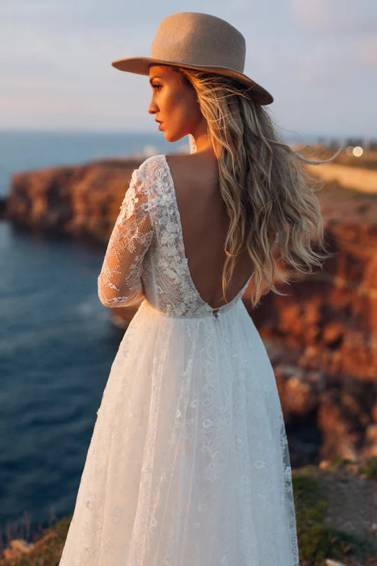 Vestidos de novia de encaje elegantes, vestido de novia de tul de manga larga bohemio, vestidos de boda de playa, vestido de fiesta de princesa Bohemia