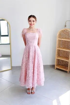 Pink Cap Sleeves Lace Princess Wedding Dresses Strapless A-line Flowers Evening Gowns Woman Elegant Formal Party Dresses
