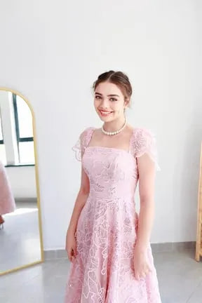 Pink Cap Sleeves Lace Princess Wedding Dresses Strapless A-line Flowers Evening Gowns Woman Elegant Formal Party Dresses