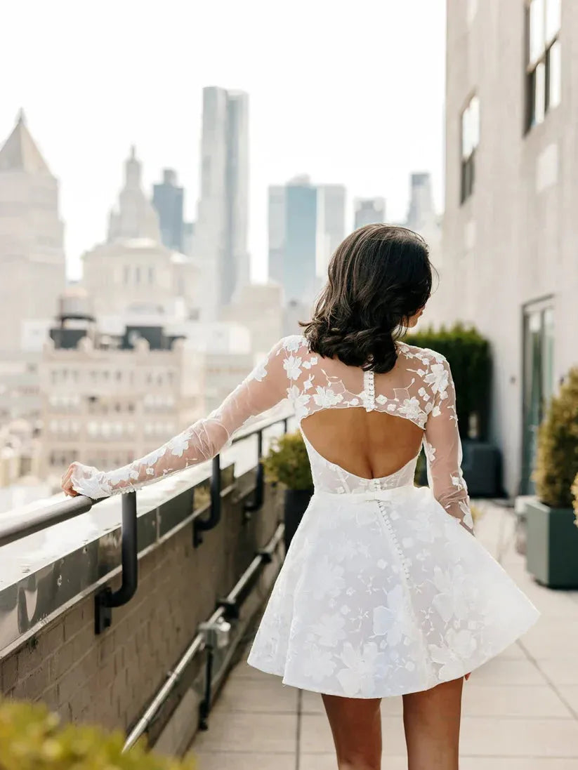 High Neck Mini Wedding Dress Long Sleeve Bridal Gown Illusion Robe De Mariée Lace Applique Tull Bride Party Dress 26w Short Wedding Dress