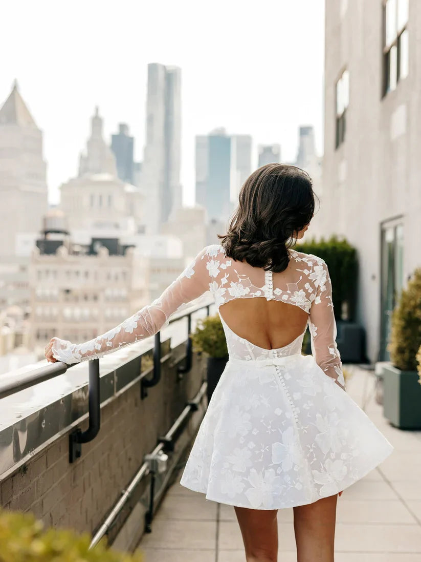 Mini Robe De Mariée à col haut et manches longues, effet d'illusion, en dentelle, en tulle, Robe De soirée