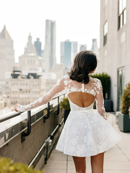 Mini vestido de novia con cuello alto, vestido de novia de manga larga, bata De novia con ilusión de encaje, apliques de encaje, vestido de fiesta de novia de Tull