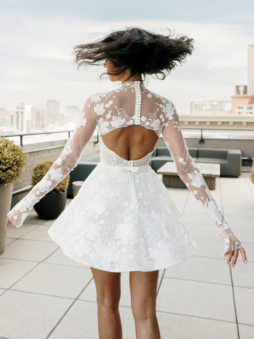 Mini Robe De Mariée à col haut et manches longues, effet d'illusion, en dentelle, en tulle, Robe De soirée