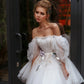 Short Wedding Dress with Flowing 3/4 Tulle Sleeves Vestido De Novia Bow Satin Court Train Mermaid Sleeves Modern Princess White Satin Bridal Gowns Mermaid