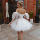 Short Wedding Dress with Flowing 3/4 Tulle Sleeves Vestido De Novia Bow Satin Court Train Mermaid Sleeves Modern Princess White Satin Bridal Gowns Mermaid