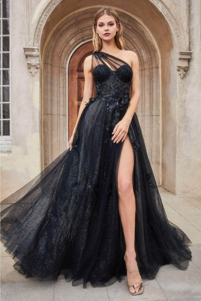 Tulle Formal Prom Gown Long Sheer Boning Bodice One Shoulder Floral Applique Skirt Leg Slit Prom Formal Gala Dress Evening Party