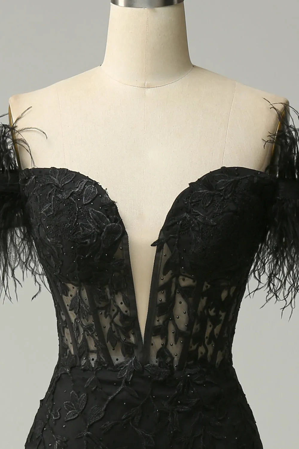 Vestidos de noche negros, apliques de encaje de tul, cristal con plumas, sirena, hombros descubiertos, cuello en V, abertura frontal, tren de barrido, vestido de fiesta