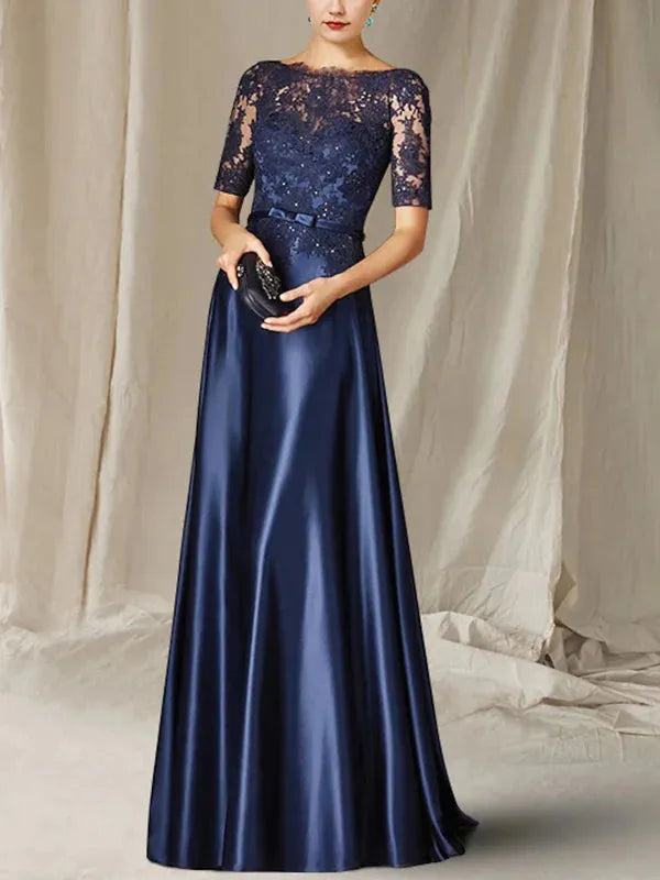 Embroidered A-line Mother of the Bride Dresses Advanced Satin Party Dresses Formal Grace Woman Formal Dinner Dresses Blue