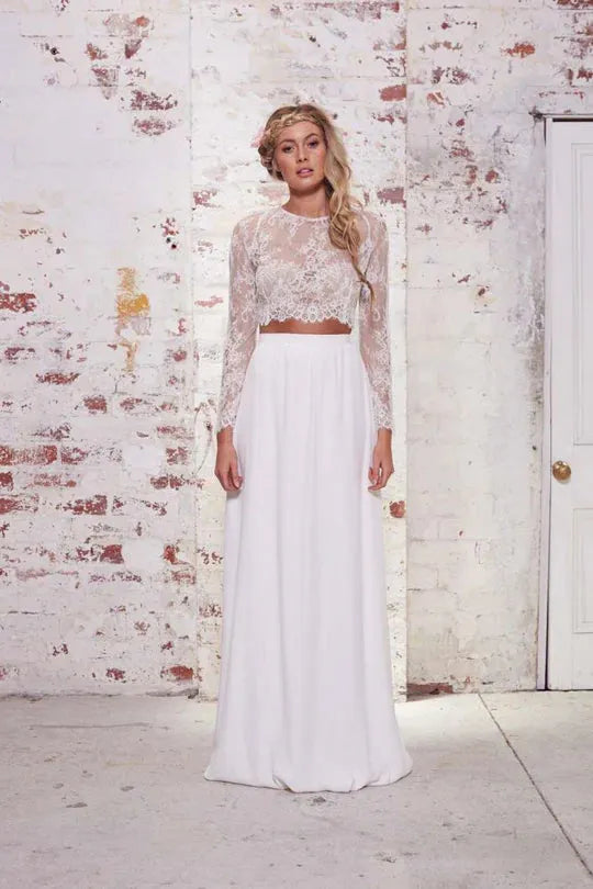Chiffon Two Piece Wedding Dress Long Sleeves White Ivory Lace Beach Bridal Dress Boho Wedding Gowns plus size