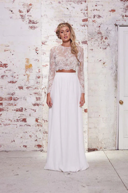 Chiffon Two Piece Wedding Dress Long Sleeves White Ivory Lace Beach Bridal Dress Boho Wedding Gowns plus size