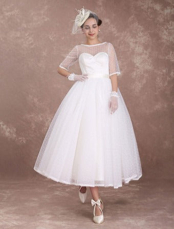 Vintage Short Wedding Dress A-line Satin Lace Bridal Gown with Lining Vestido De Novia Modern Satin Mermaid Bow Satin Court Train Sleeves Princess White Bridal Gown