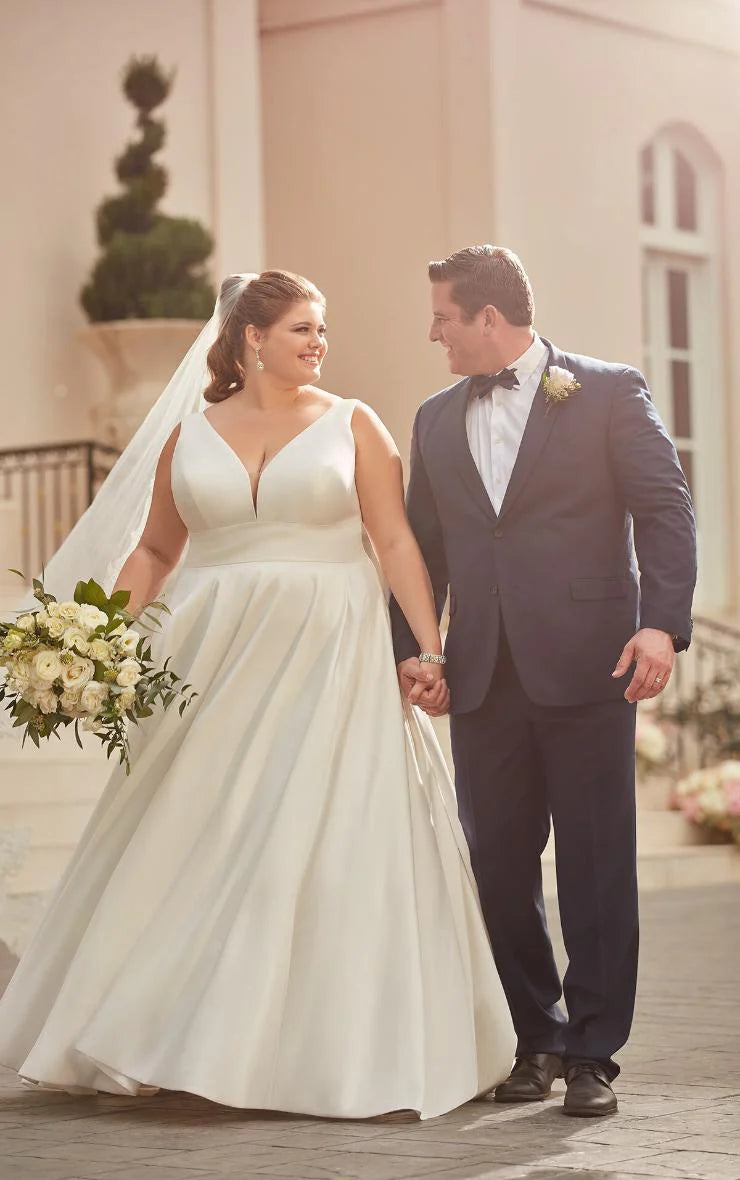 Vestidos De novia con tirantes finos y cuello en V, vestidos De novia clásicos De satén De talla grande, sin mangas, Vestido sencillo De boda 