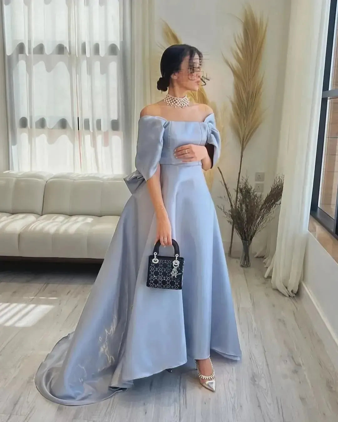 Grace Off Shoulder Prom Dress Elegant Bow On Back Evening Dress A-line فستان سهرة Gentle Baby Blue Satin Party Dresses baby blue