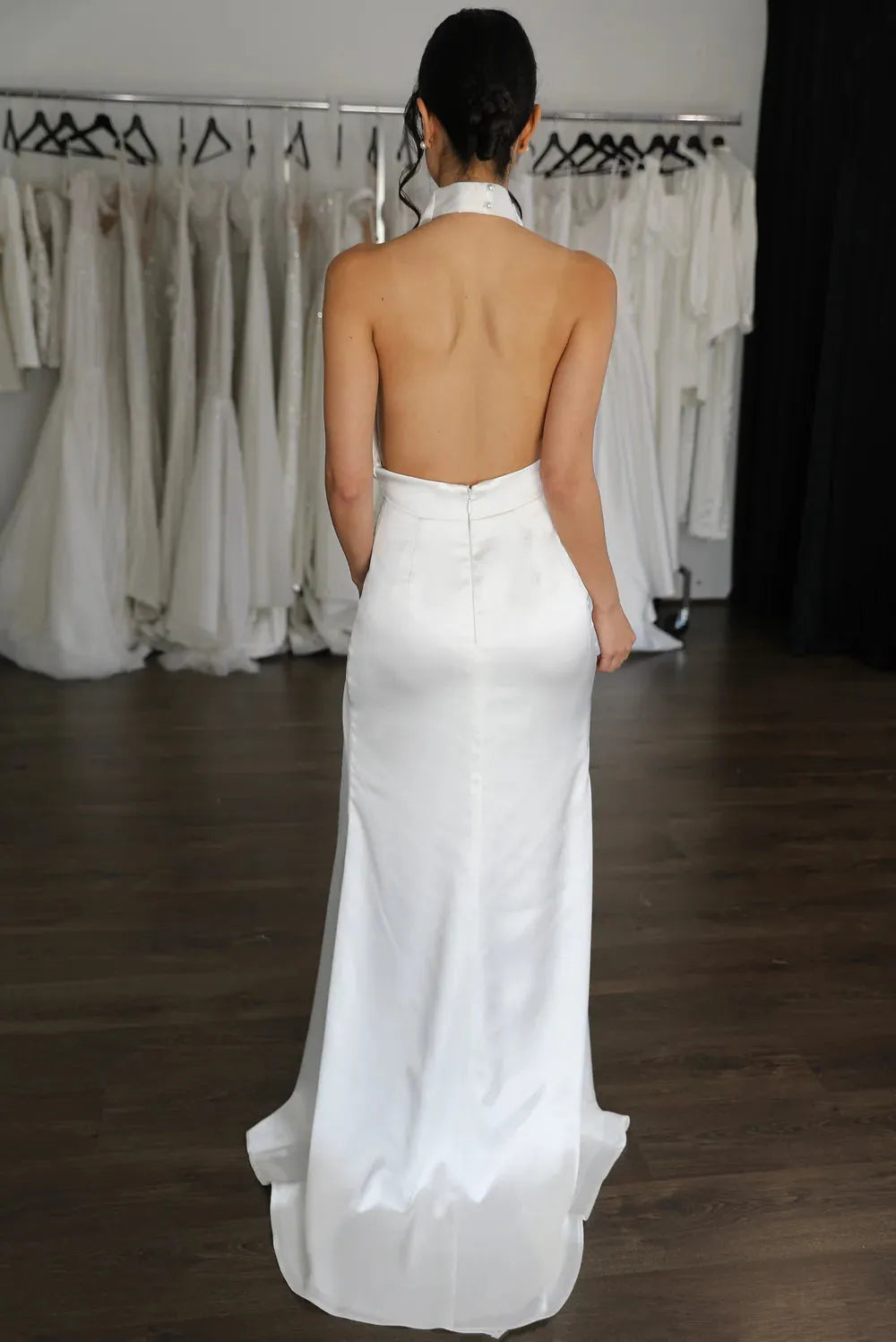 Elegant Wedding Party Dresses Halter Sleeveless Backless Satin Brides Gowns for Women High Side Slit Bridesmaid Dress White