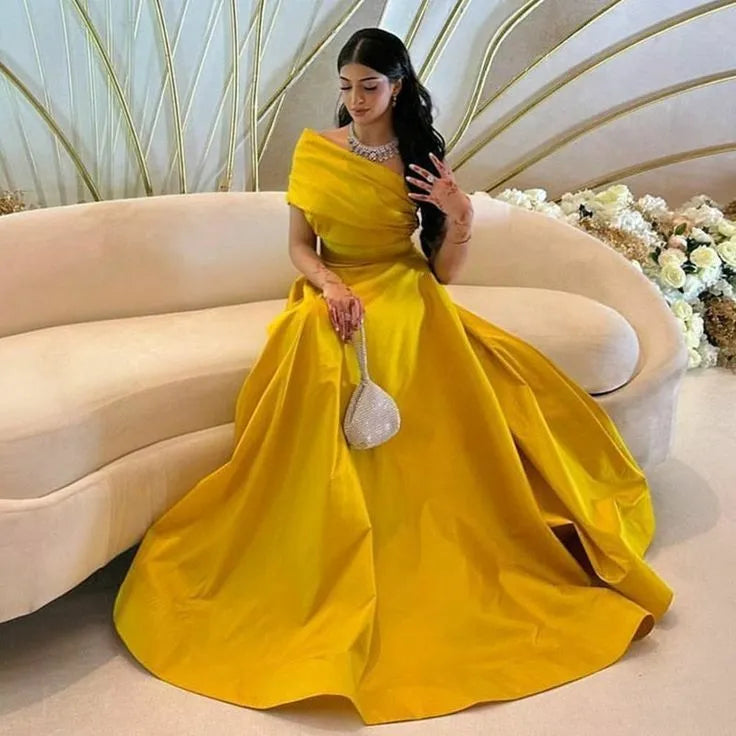 Modest فساتين السهرة Yellow One Shoulder Prom Dresses Silk A-line Vestidos De Noche Grace Silk Floor Lenght Prom Gown as pic