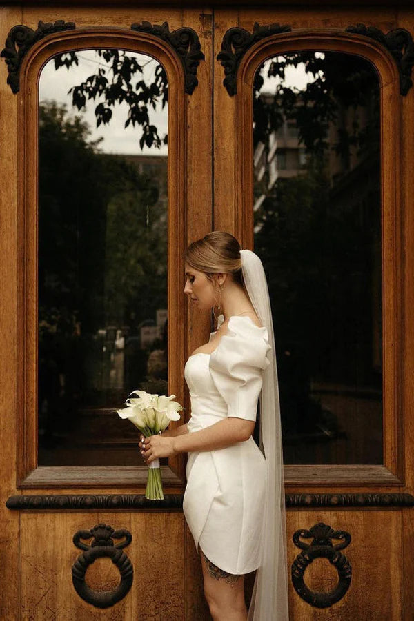 Gaun pengantin pendek elegan persegi kerah lengan puff lipatan terbuka kembali satin gaun pengantin sederhana di atas lutut vestidos de noiva