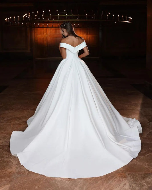 Gorgeous A Line Wedding Dresses For Woman Off The Shoulder V Neck Satin Formal Princess Fashion Bride Gowns Vestidos De Novia